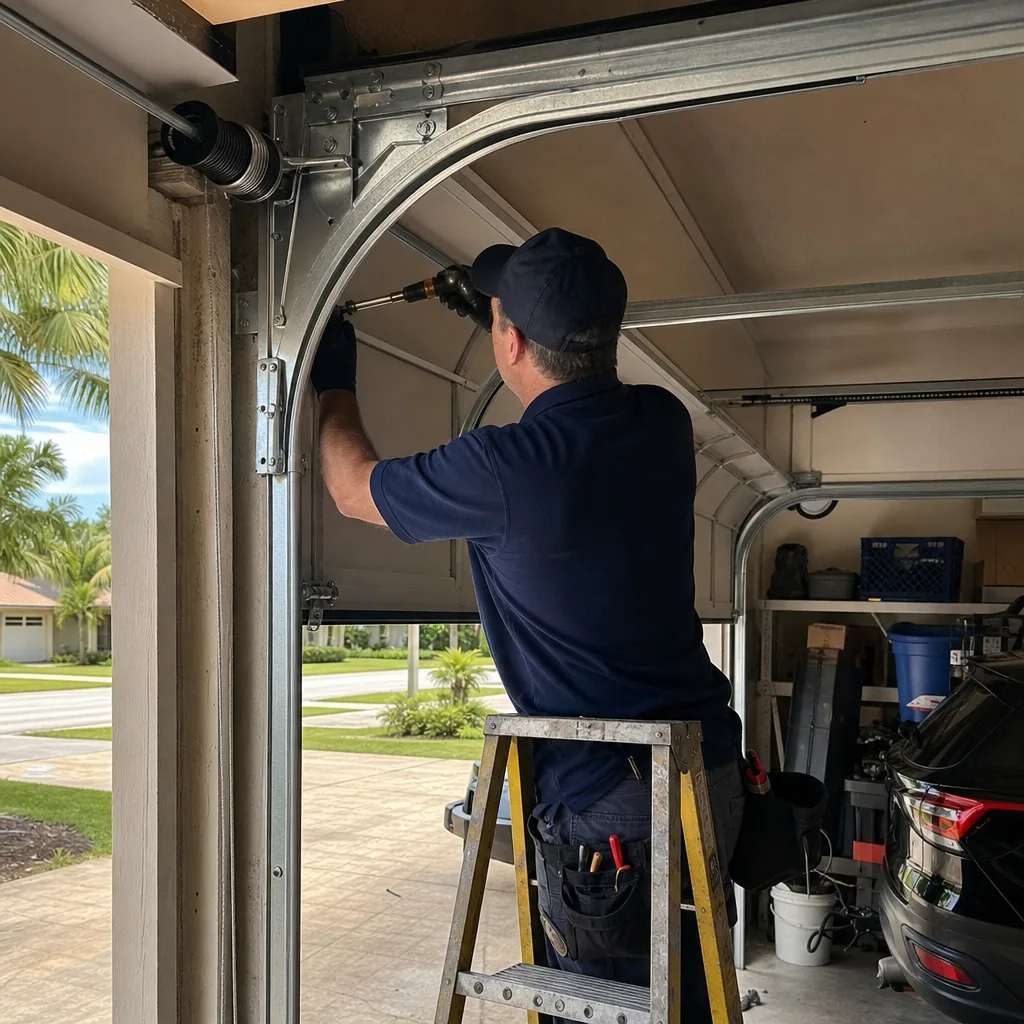Technician performing garage door cable repair on a ladder