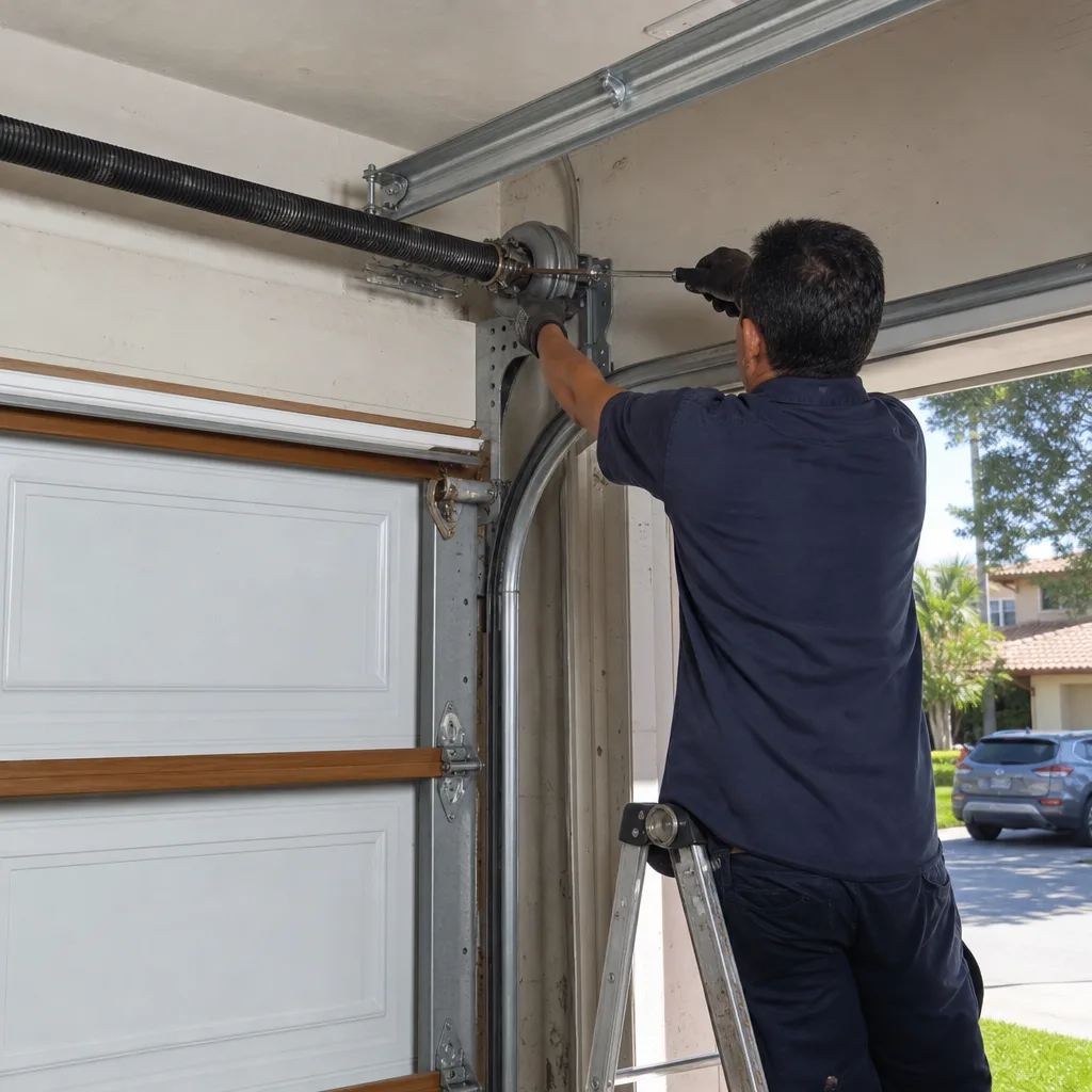 Technician performing professional garage door cable repair and maintenance service