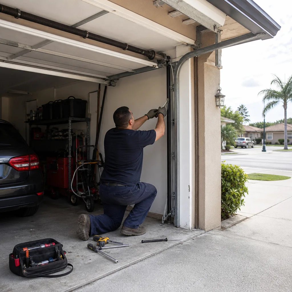 Technician performing garage door cable repair and maintenance service.