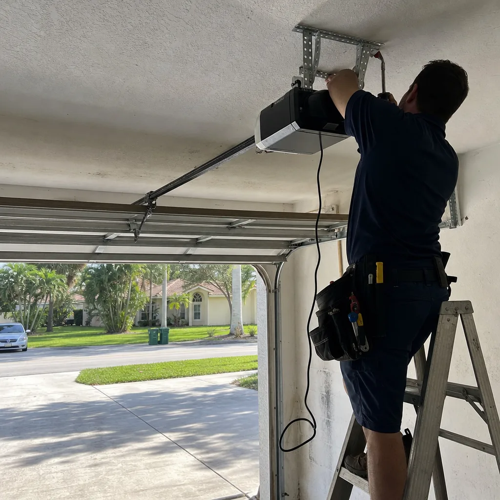 Technician performing professional garage door opener repair and installation
