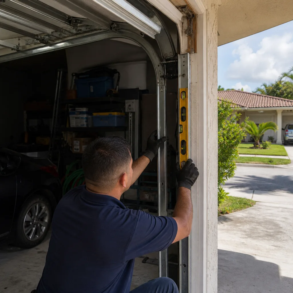 Technician using a level to install or repair garage door tracks