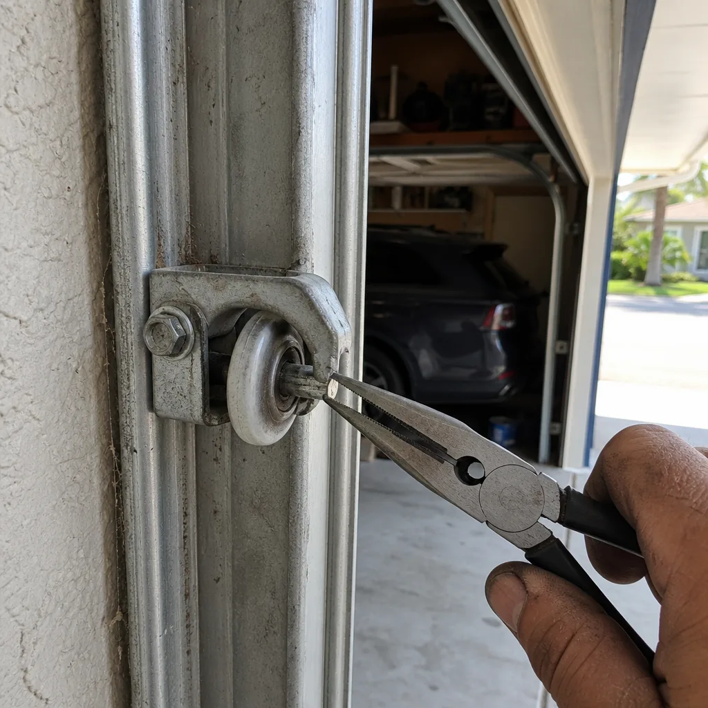 Technician repairing garage door roller with pliers
